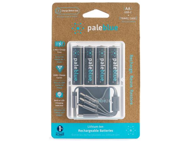 Pale Blue Li-Ion Rechargeable AA Battery 4-pack AA w/ 4x1 charging cable USB-C 