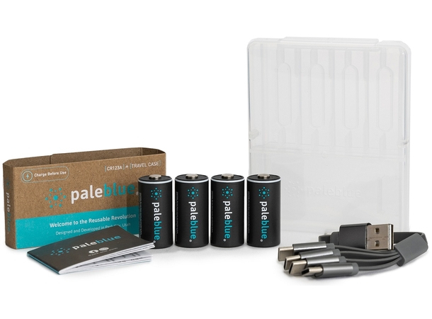 Pale Blue CR123 Rechargeable Batteries 4-Pack, including Charging Cable 