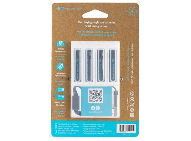 Pale Blue Li-Ion Rechargeabl AAA Battery 4-pack AAA w/ 4x1 charging cable USB-C 