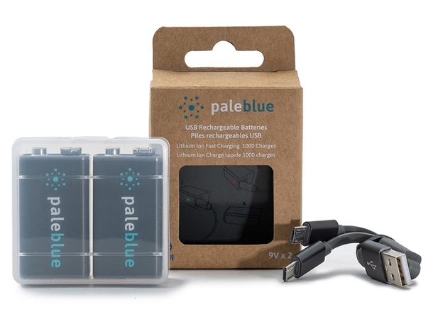 Pale Blue Li-Ion Rechargeable 9V Battery 2 pack of 9V with 2x1 USB-C cable 