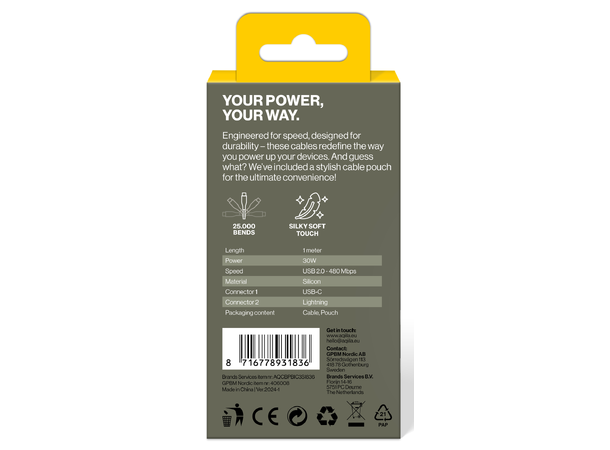 Aqiila Silicon USB-C/Lightni. 2.0 30W 1m Charging cable 