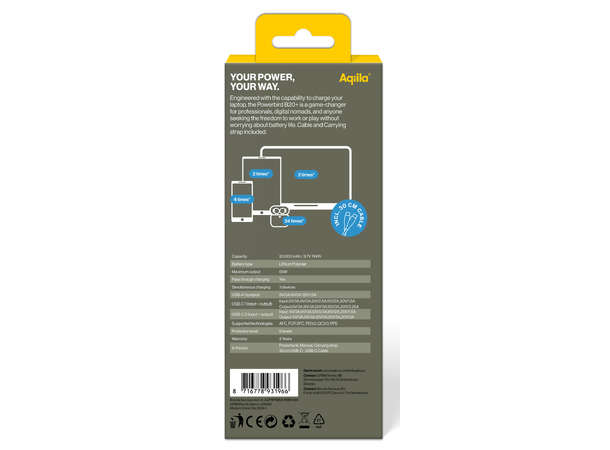 Aqiila Powerbird B20B+ 20000mAh 65W Powerbank for mobile & laptop - Black 