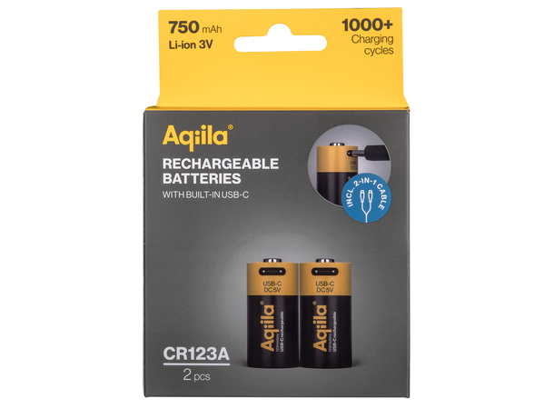 Aqiila Rechargable CR123A Battery 2-pack USB-C, Lithium, 3V/750mAh 