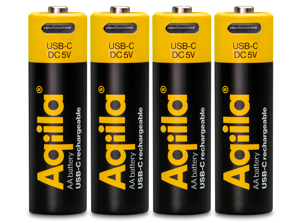 Aqiila Rechargable AA Battery, 4-pack USB-C, Lithium, 1.5V/2000mAh 