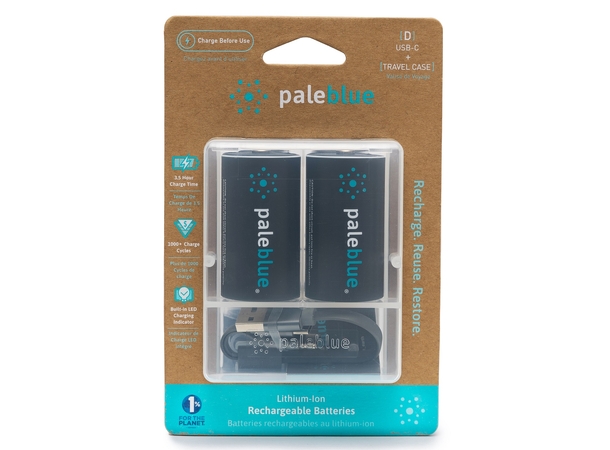 Pale Blue Li-Ion Rechargeable D Battery 2 pack of Dcells with 2x1 USB-C cable 