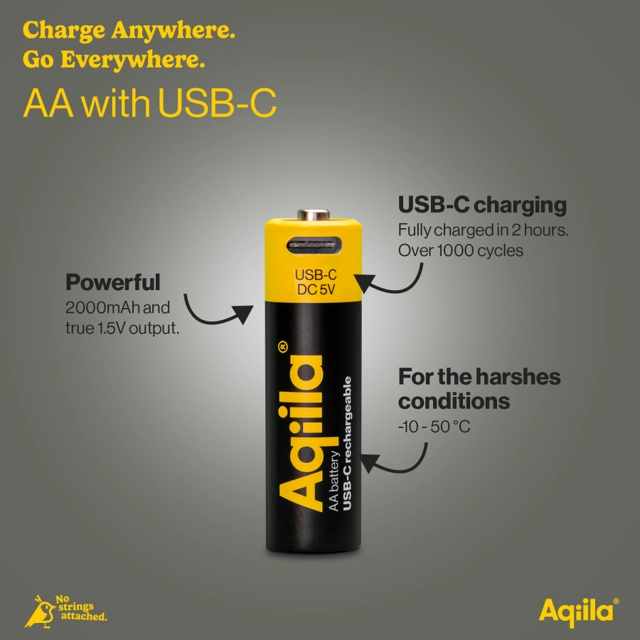 Aqiila Rechargable AA Battery, 4-pack USB-C, Lithium, 1.5V/2000mAh 