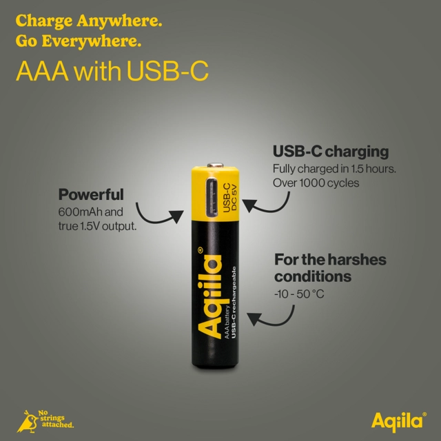 Aqiila Rechargable AAA Battery, 4-pack USB-C, Lithium, 1.5V/600mAh 