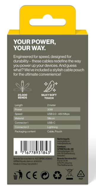 Aqiila Silicon USB-C/Lightni. 2.0 60W 2m Charging cable 