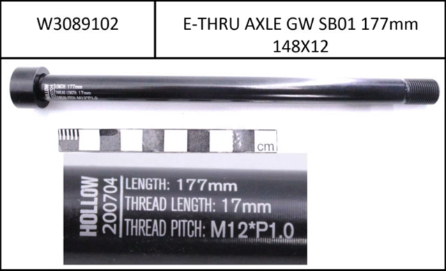 Thru axle E-Thru Glory Wheel, w/o lever 177mm, for hubs 12x148mm, P1.00 