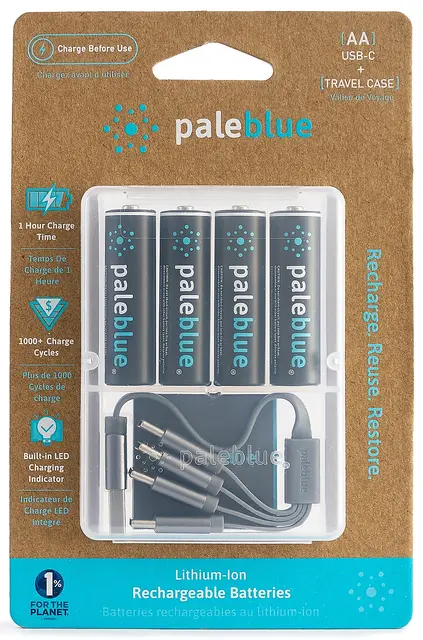 Pale Blue Li-Ion Rechargeable AA Battery 4-pack AA w/ 4x1 charging cable USB-C 