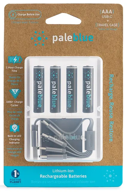 Pale Blue Li-Ion Rechargeabl AAA Battery 4-pack AAA w/ 4x1 charging cable USB-C 